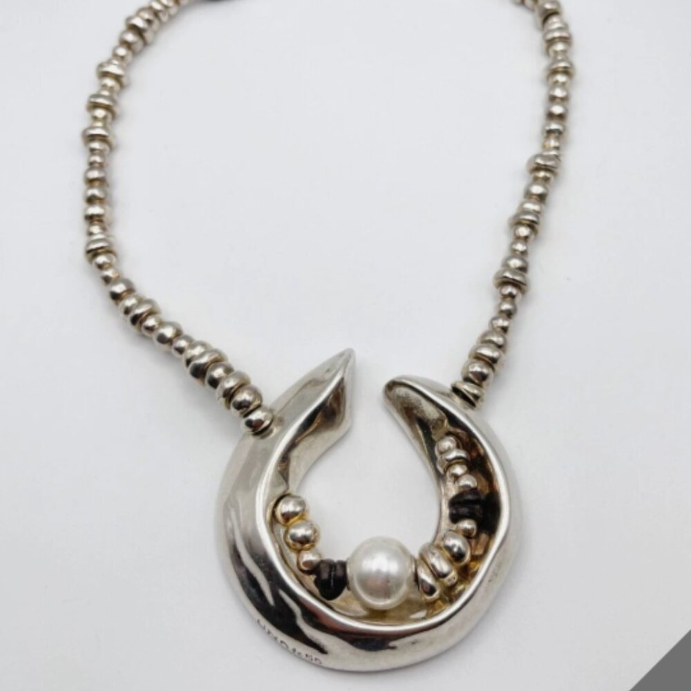 NWT Uno de 50 Statement Necklace Silver Plated Beaded Half Moon Pearl 18" Choker